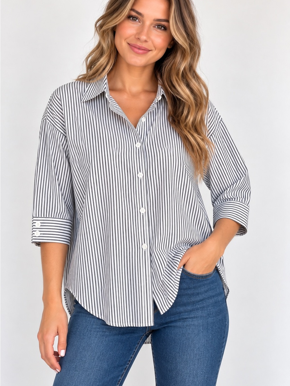 Jones New York Signature Women’s 2X Striped 3/4 Sleeve Button Down Cotton Shirt
